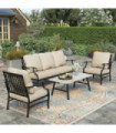 4 Piece Patio Furniture Set, 2 x Metal Frame Cushioned Chair, 3-Seat Sofa with Marbling Coffee Table