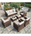 7 Pieces Rattan Patio Furniture Set, 4 x Single Chair, 2 x Ottoman and 3-Seat Sofa with Cushions, 9 Seats